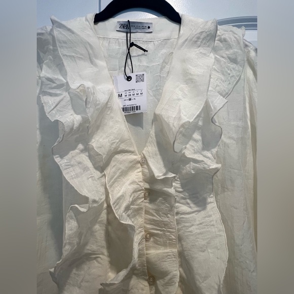 Zara White Ruffled Button Down Shirt - Picture 2 of 6